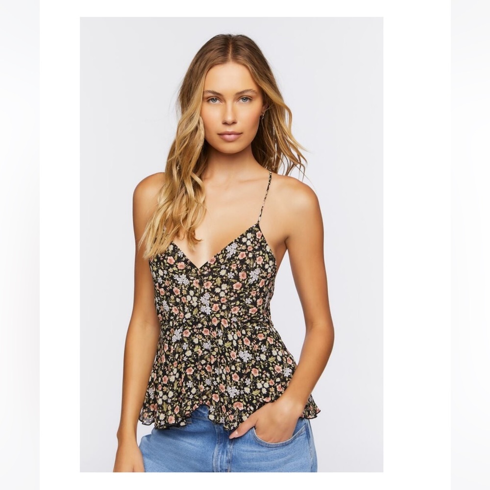 Forever 21 floral print flounce cami, black/floral, small